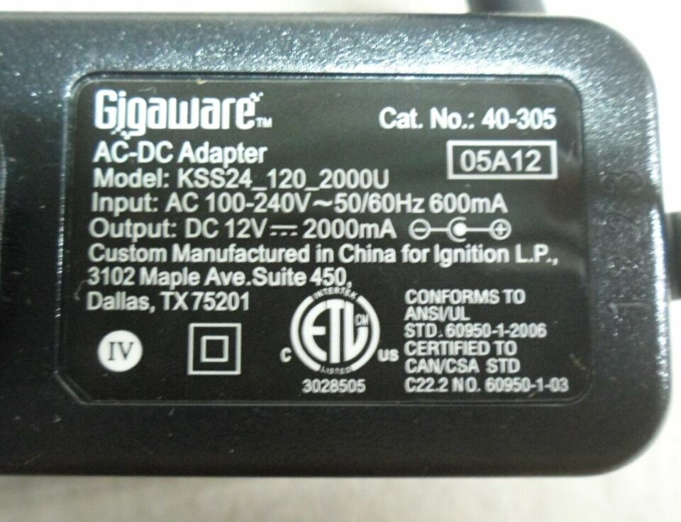 *Brand NEW*Gigaware Model KSS24_120_2000U Cat NO 40-305 Output 12V 2000mA AC-DC Adaptor